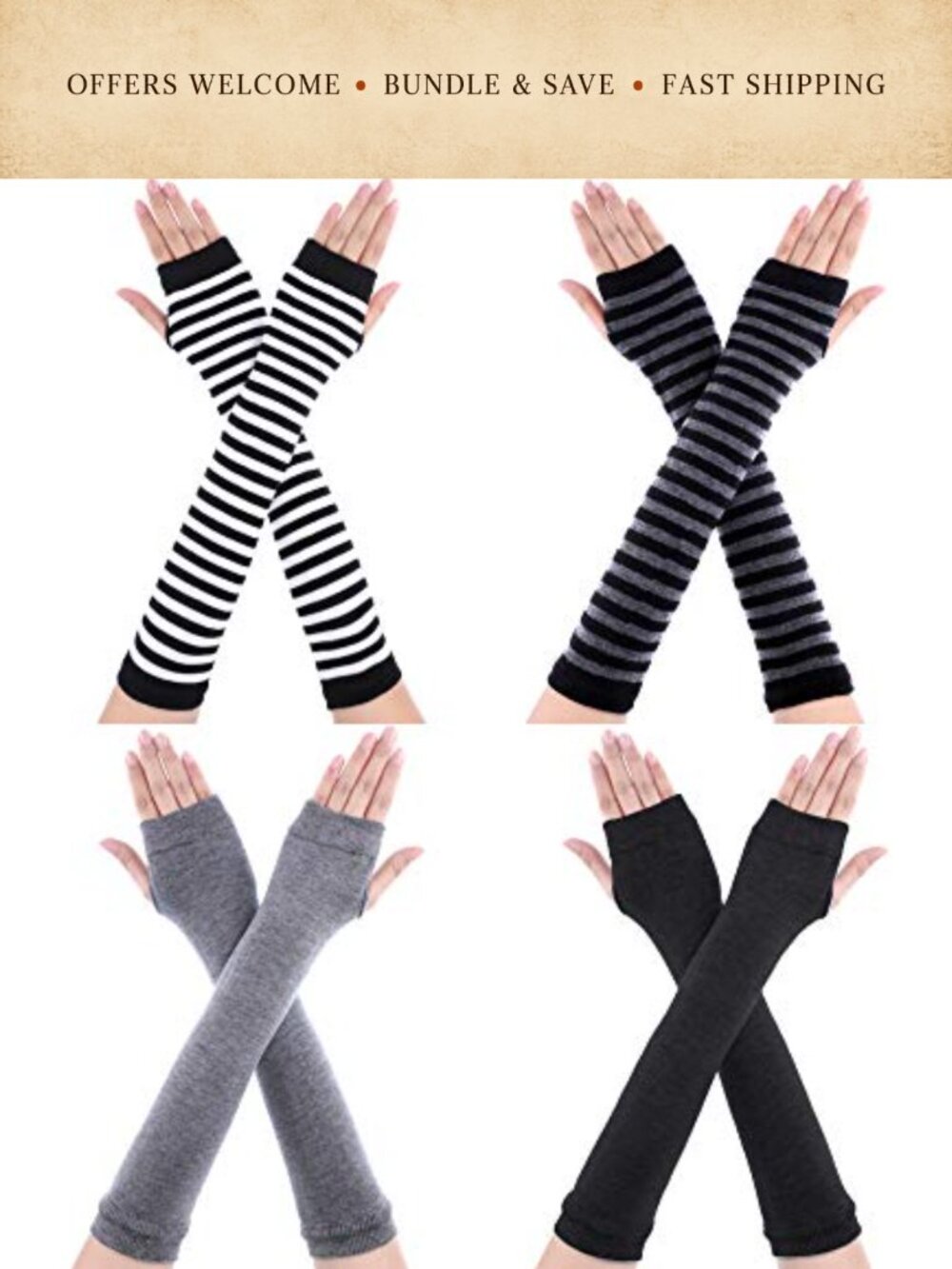 4 Pairs Long Fingerless Gloves Knitted Arm Warmers Elbow Length Thumb Hole
